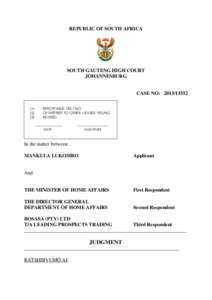 REPUBLIC OF SOUTH AFRICA  SOUTH GAUTENG HIGH COURT JOHANNESBURG  CASE NO: 