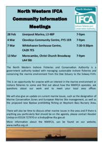 North Western IFCA Community Information Meetings 28 Feb  Liverpool Marina, L3 4BP