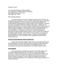National Advisory Council on Migrant Health letter to the Secretary of Health & Human Services October 23, 2013