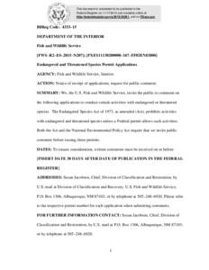 This document is scheduled to be published in the Federal Register onand available online at http://federalregister.gov/a, and on FDsys.gov Billing Code: 4333–15 DEPARTMENT OF THE INTERIOR