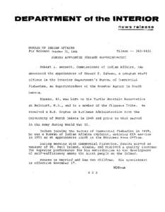 DEPARTMENT 01 the INTERIOR news release BUREAU OF INDIAN AFFAIRS For Release October 31 , 1968
