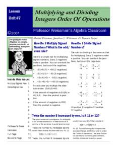 Lesson  Multiplying and Dividing Integers Order Of Operations  Unit #7