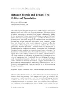 romance studies, Vol. 27 No. 3, July, 2009, 223–233  Between French and Breton: The Politics of Translation Heather Williams Aberystwyth University, UK