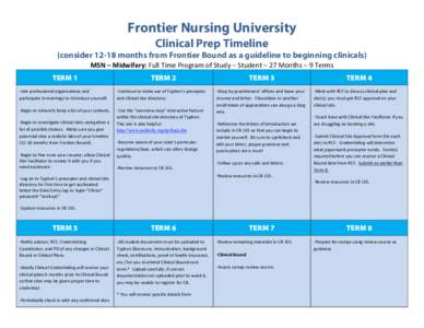 Frontier Nursing University Clinical Prep Timeline (consider[removed]months from Frontier Bound as a guideline to beginning clinicals) MSN	
  –	
  Midwifery:	
  Full	
  Time	
  Program	
  of	
  Study	
  –	
  S