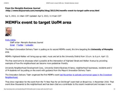 [removed]MEMFix event to target UofM area - Memphis Business Journal From the Memphis Business Journal :http://www.bizjournals.com/memphis/blog[removed]memfix-event-to-target-uofm-area.html