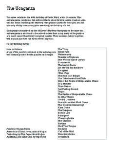 The Ucaganza Today we celebrate the 40th birthday of Kevin Wald, a/k/a Ucaoimhu. This extravaganza celebrates two different facts about Kevin’s puzzle creation abilities: his brain-cracking MIT Mystery Hunt puzzles (li