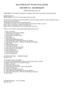 MASTERCRAFT TEAM CHALLENGE SECTION UU – HANDICRAFT CHIEF STEWARD: Kylie Tout. STEWARDS: M. McCarthy, M. Erkelens, H. Lindley, Cathy Smart, Lynne Bruce & Patricia Watson ENTRY FEE: 50c. PRIZE MONEY: First $5, second $2 