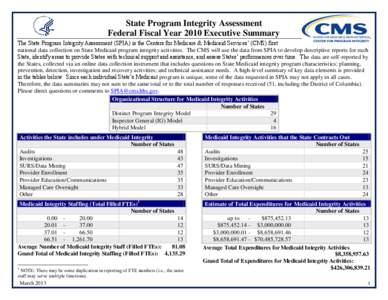 State Program Integrity Assessment Federal Fiscal Year 2010 Executive Summary The State Program Integrity Assessment (SPIA) is the Centers for Medicare & Medicaid Services’ (CMS) first national data collection on State