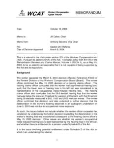 WCAT  Workers’ Compensation Appeal Tribunal  MEMORANDUM