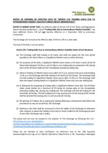 NOTICE OF DEFERRAL OF EFFECTIVE DATE OF “ARTICLE 170: TRADING HALTS DUE TO EXTRAORDINARY MARKET VOLATILITY (INDEX CIRCUIT BREAKER RULE)” NOTICE IS HEREBY GIVEN THAT, the effective date of Article 170 of the “Rules 