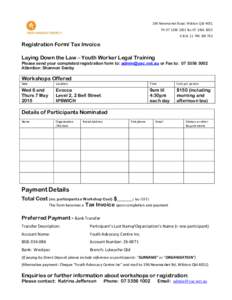 196 Newmarket Road, Wilston Qld 4051 PhfaxA.B.NRegistration Form/ Tax Invoice Laying Down the Law – Youth Worker Legal Training
