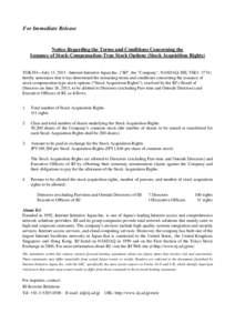 Notice Regarding the Terms and Conditions Concerning the Issuance of Stock-Compensation-Type Stock Options (Stock Acquisition Rights)