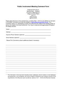 US 14 Cross Plains, Comment sheet - April 22, 2014 PIM