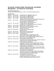 Anonymity, Unobservability, Pseudonymity, and Identity Management – A Proposal for Terminology Archives of this Document http://dud.inf.tu-dresden.de/Literatur_V1.shtml (v0.5 and all succeeding versions) Change History