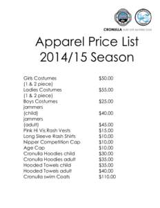 Apparel Price List[removed]Season Girls Costumes (1 & 2 piece) Ladies Costumes (1 & 2 piece)