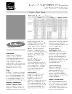 EcoTouch® PINK® FIBERGLAS™ Insulation with PureFiber ® Technology Product Data Sheet PROPINK® EcoTouch® Insulation Product Data Width Metal Frame