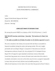 BEFORE THE STATE OF NEVADA, STATE ENVIRONMENTAL COMMISSION In Re: Appeal of Solid Waste Disposal Site Permit Permit No. SW495REV00
