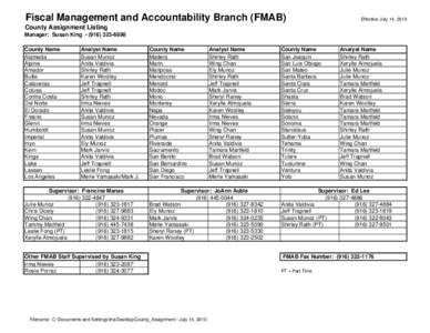 Fiscal Management and Accountability Branch (FMAB)  Effective July 14, 2010 County Assignment Listing Manager: Susan King[removed]