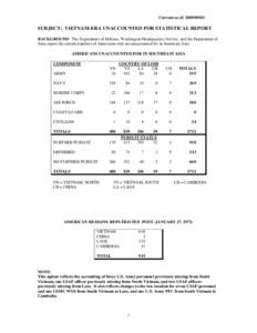 Current as of: [removed]SUBJECT: VIETNAM-ERA UNACCOUNTED FOR STATISTICAL REPORT BACKGROUND: The Department of Defense, Washington Headquarters Service, and the Department of State report the current numbers of America