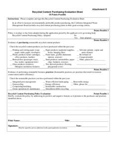 Recycled Content Purchasing Evaluation Sheet:  HHW Grant 13th Cycle