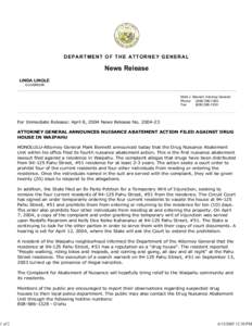 ATTORNEY GENERAL ANNOUNCES NUISANCE ABATEMENT ACTION FILED AG...