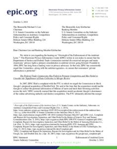 October 3, 2018 The Honorable Michael S. Lee Chairman U.S. Senate Committee on the Judiciary Subcommittee on Antitrust, Competition Policy and Consumer Rights