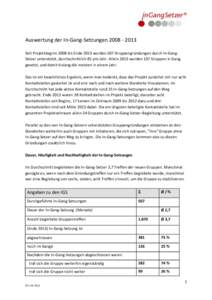 Auswertung der In-Gang-Setzungen[removed]Seit Projektbeginn 2008 bis Ende 2013 wurden 507 Gruppengründungen durch In-GangSetzer unterstützt, durchschnittlich 85 pro Jahr. Allein 2013 wurden 107 Gruppen in Gang gese