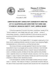 NEWS RELEASE For Immediate Distribution Thomas P. O’Brien United States Attorney