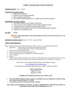 CHIEF LESCHI JOB ANNOUNCEMENT POSITION TITLE: Tutor – Spanish MINIMUM QUALIFICATIONS: 1. 2.