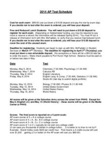 2014 AP Test Schedule  Cost for each exam: $[removed]can put down a $19.00 deposit and pay the rest by exam day). If you decide not to test after the exam is ordered, you will lose your deposit. Free and Reduced Lunch Stud