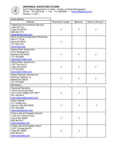 UNIVERSAL WASTE RECYCLERS North Dakota Department of Health - Division of Waste Management Phone: [removed]  Fax: [removed]  www.ndhealth.gov/wm Revision[removed]North Dakota Recycler
