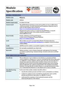 Module Specification GENERAL INFORMATION Module name  Malaria