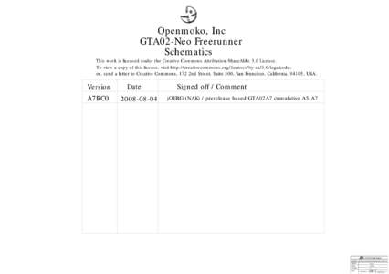 Openmoko, Inc GTA02-Neo Freerunner Schematics This work is licensed under the Creative Commons Attribution-ShareAlike 3.0 License. To view a copy of this license, visit http://creativecommons.org/licenses/by-sa/3.0/legal