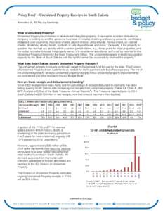 Policy Brief – Unclaimed Property Receipts in South Dakota November 19, 2013 by Joy Smolnisky What is Unclaimed Property? Unclaimed Property is unclaimed or abandoned intangible property. It represents a certain obliga