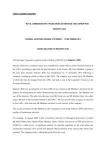 Royal Commission into Trade Union Governance and Corruption—Industry 2020—Counsel Assisting opening statement—15 September 2014—Issues relating to industry 2020