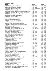 C Obituary Index Name CADMAN, Mary “Jane” (Schreiner) CALDWELL, Elsie Hilda (Wiebe) CALDWELL, Kathleen (Koepplin) CAMERON, Ruth Audrey (Straub)