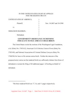 IN THE UNITED STATES COURT OF APPEALS FOR THE EIGHTH CIRCUIT UNITED STATES OF AMERICA, Plaintiff, vs. SHOLOM RUBASHKIN,