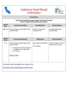 California Food Recall Information Recall Name Sunburst Superfoods Recalls Organic Raw Carob Powder Due to Possible Salmonella Contamination Recall