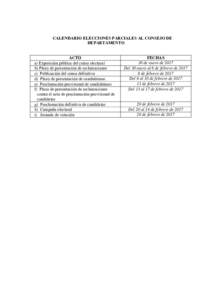 CALENDARIO ELECCIONES PARCIALES AL CONSEJO DE DEPARTAMENTO ACTO a) Exposición pública del censo electoral b) Plazo de presentación de reclamaciones c) Publicación del censo definitivo