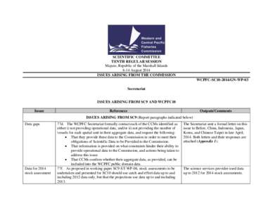 SCIENTIFIC COMMITTEE TENTH REGULAR SESSION Majuro, Republic of the Marshall Islands 6-14 August 2014 ISSUES ARISING FROM THE COMMISSION WCPFC-SC10-2014/GN-WP-03