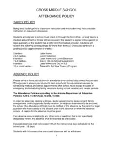 CROSS MIDDLE SCHOOL ATTENDANCE POLICY TARDY POLICY Being tardy is disruptive to classroom instruction and the student may miss valuable instruction or classroom discussion. Students arriving late to school must check in 