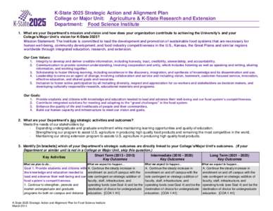 K-State 2025 Strategic Action and Alignment Plan College or Major Unit: Agriculture & K-State Research and Extension Department: Food Science Institute 1. What are your Department’s mission and vision and how does your