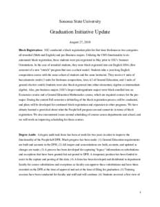 Sonoma State University  Graduation Initiative Update August 27, 2010 Block Registration: SSU conducted a block registration pilot for first time freshmen in two categories: all remedial (Math and English) and pre-Busine