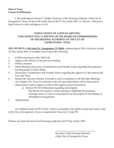 State of Texas  County of Williamson      I, the undersigned, Naomi C. Walker, Secretary of the Housing Authority of the City of  Georgetown, Texas, do herewith certify that on the 9th day