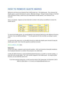 HOW TO REMOVE QUOTE MARKS @Remove can remove any character from a field except one – the double quote. This is because the double quote is used in the function’s syntax: @Remove (String 1, “String 2”) where Strin