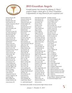 2013 Guardian Angels Grateful patients have honored the following St. Mary’s caregivers though a tribute gift to St. Mary’s Foundation. Congratulations on being honored for your exceptional care! Edward Ahrens, MD An