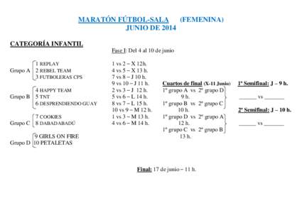 MARATÓN FÚTBOL-SALA (FEMENINA) JUNIO DE 2014 CATEGORÍA INFANTIL Fase I: Del 4 al 10 de junio 1 REPLAY