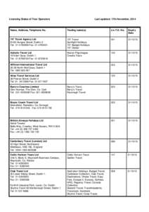 Licensing Status of Tour Operators  Last updated: 17th November, 2014 Name, Address, Telephone No.