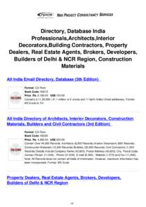 Directory, Database India Professionals,Architects,Interior Decorators,Building Contractors, Property Dealers, Real Estate Agents, Brokers, Developers, Builders of Delhi & NCR Region, Construction Materials