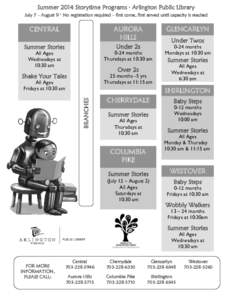 Summer 2014 Storytime Programs · Arlington Public Library July 7 – August 9 · No registration required – first come, first served until capacity is reached CENTRAL Summer Stories